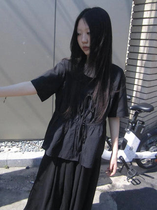 Korean Style Lightweight Tied Waist Pleated Single Row Button Short Sleeve Top
