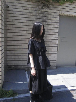 Korean Style Lightweight Tied Waist Pleated Single Row Button Short Sleeve Top