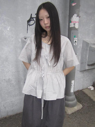 Korean Style Lightweight Tied Waist Pleated Single Row Button Short Sleeve Top