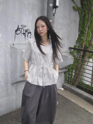 Korean Style Lightweight Tied Waist Pleated Single Row Button Short Sleeve Top