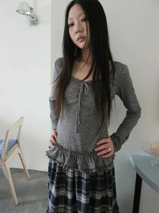 Lace Bow Tie Ruffle Sleeve Tee T-shirt