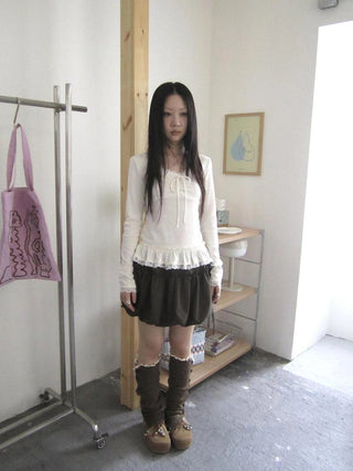 Lace Bow Tie Ruffle Sleeve Tee T-shirt