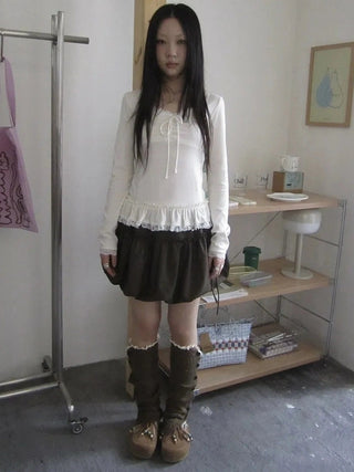 Lace Bow Tie Ruffle Sleeve Tee T-shirt