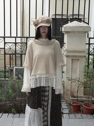 Lace Patchwork Vintage Long Sleeve Crew Neck Light Khaki Two Piece T-Shirt