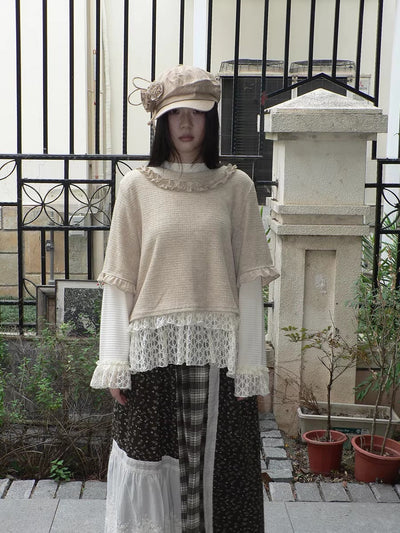 Lace Patchwork Vintage Long Sleeve Crew Neck Light Khaki Two Piece T-Shirt