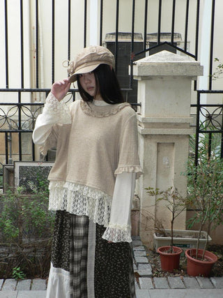Lace Patchwork Vintage Long Sleeve Crew Neck Light Khaki Two Piece T-Shirt