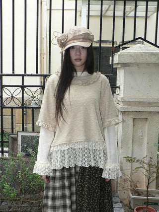 Lace Patchwork Vintage Long Sleeve Crew Neck Light Khaki Two Piece T-Shirt
