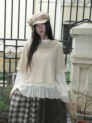 Lace Patchwork Vintage Long Sleeve Crew Neck Light Khaki Two Piece T-Shirt