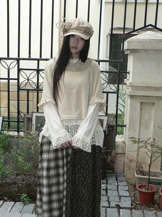 Lace Patchwork Vintage Long Sleeve Crew Neck Light Khaki Two Piece T-Shirt