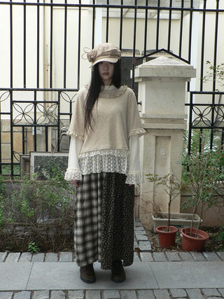 Lace Patchwork Vintage Long Sleeve Crew Neck Light Khaki Two Piece T-Shirt