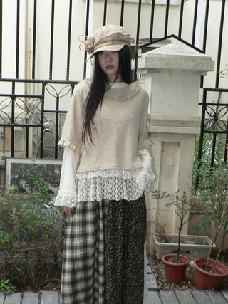 Lace Patchwork Vintage Long Sleeve Crew Neck Light Khaki Two Piece T-Shirt