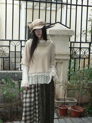 Lace Patchwork Vintage Long Sleeve Crew Neck Light Khaki Two Piece T-Shirt