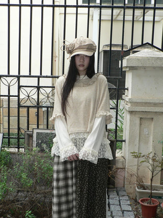 Lace Patchwork Vintage Long Sleeve Crew Neck Light Khaki Two Piece T-Shirt