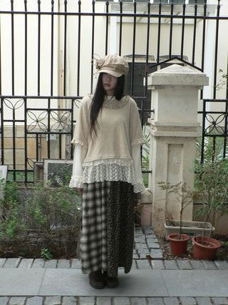 Lace Patchwork Vintage Long Sleeve Crew Neck Light Khaki Two Piece T-Shirt