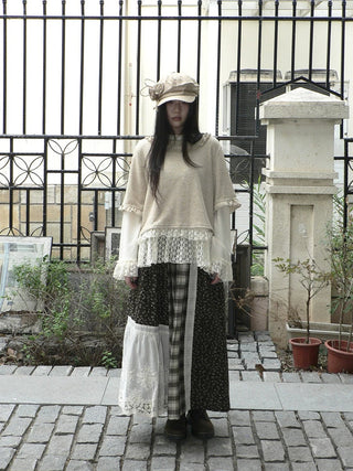 Lace Patchwork Vintage Long Sleeve Crew Neck Light Khaki Two Piece T-Shirt