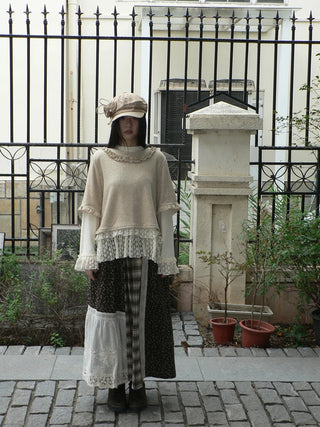 Lace Patchwork Vintage Long Sleeve Crew Neck Light Khaki Two Piece T-Shirt