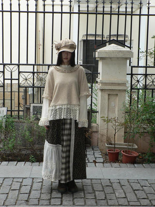 Lace Patchwork Vintage Long Sleeve Crew Neck Light Khaki Two Piece T-Shirt