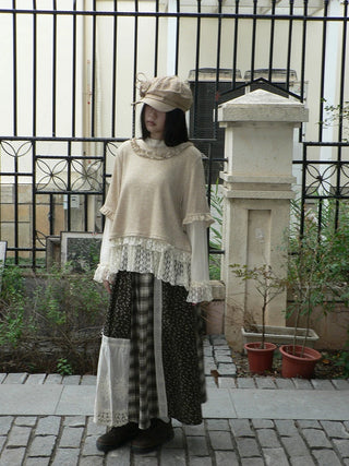 Lace Patchwork Vintage Long Sleeve Crew Neck Light Khaki Two Piece T-Shirt