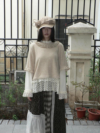 Lace Patchwork Vintage Long Sleeve Crew Neck Light Khaki Two Piece T-Shirt