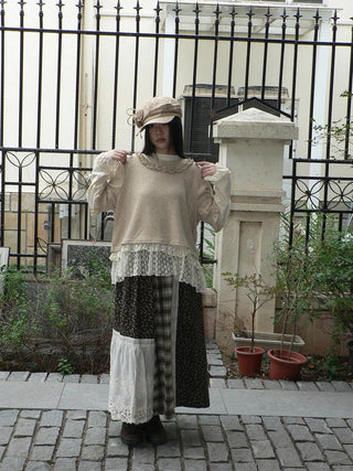 Lace Patchwork Vintage Long Sleeve Crew Neck Light Khaki Two Piece T-Shirt