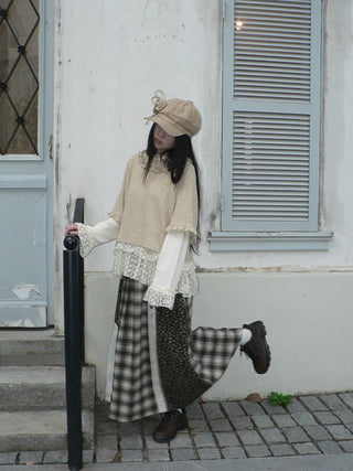 Lace Patchwork Vintage Long Sleeve Crew Neck Light Khaki Two Piece T-Shirt