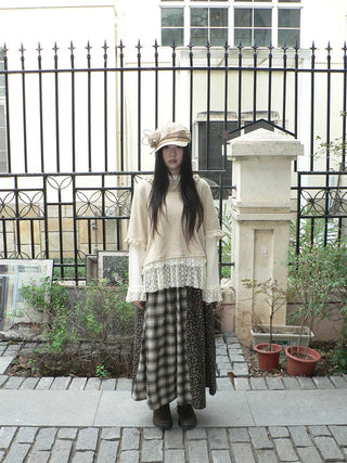 Lace Patchwork Vintage Long Sleeve Crew Neck Light Khaki Two Piece T-Shirt