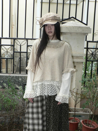 Lace Patchwork Vintage Long Sleeve Crew Neck Light Khaki Two Piece T-Shirt