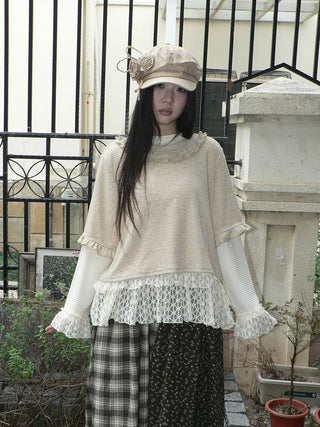 Lace Patchwork Vintage Long Sleeve Crew Neck Light Khaki Two Piece T-Shirt