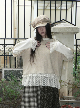 Lace Patchwork Vintage Long Sleeve Crew Neck Light Khaki Two Piece T-Shirt