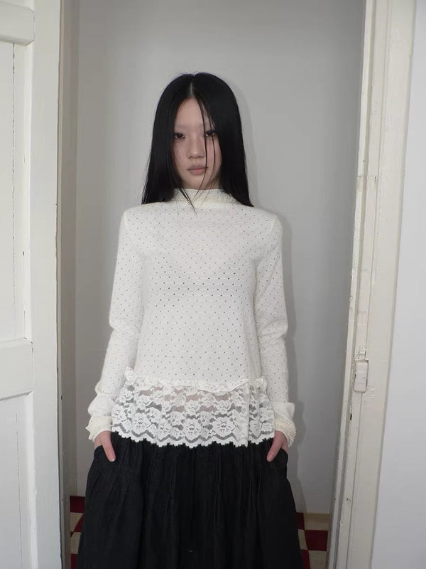 Lace Patchwork Vintage Straight Mock Neck Women Cream Long Sleeve T-Shirt