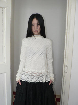 Lace Patchwork Vintage Straight Mock Neck Women Cream Long Sleeve T-Shirt