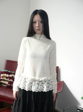 Lace Patchwork Vintage Straight Mock Neck Women Cream Long Sleeve T-Shirt
