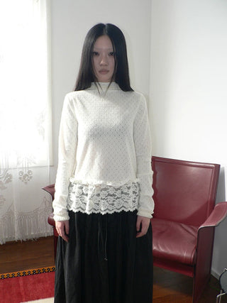 Lace Patchwork Vintage Straight Mock Neck Women Cream Long Sleeve T-Shirt