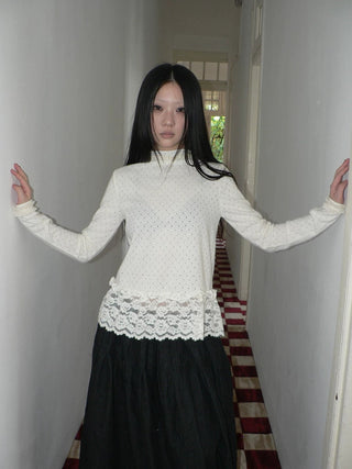 Lace Patchwork Vintage Straight Mock Neck Women Cream Long Sleeve T-Shirt