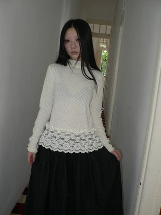 Lace Patchwork Vintage Straight Mock Neck Women Cream Long Sleeve T-Shirt