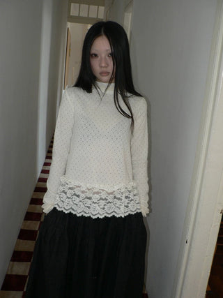 Lace Patchwork Vintage Straight Mock Neck Women Cream Long Sleeve T-Shirt