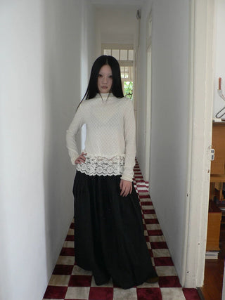Lace Patchwork Vintage Straight Mock Neck Women Cream Long Sleeve T-Shirt
