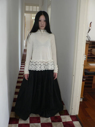 Lace Patchwork Vintage Straight Mock Neck Women Cream Long Sleeve T-Shirt