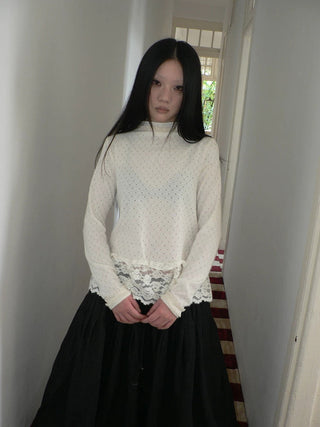 Lace Patchwork Vintage Straight Mock Neck Women Cream Long Sleeve T-Shirt