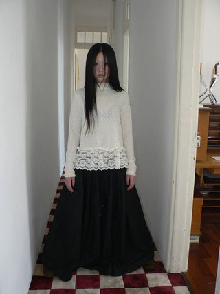 Lace Patchwork Vintage Straight Mock Neck Women Cream Long Sleeve T-Shirt