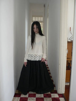 Lace Patchwork Vintage Straight Mock Neck Women Cream Long Sleeve T-Shirt