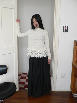 Lace Patchwork Vintage Straight Mock Neck Women Cream Long Sleeve T-Shirt