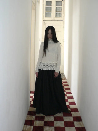 Lace Patchwork Vintage Straight Mock Neck Women Cream Long Sleeve T-Shirt