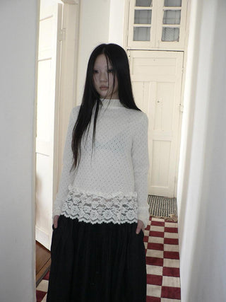 Lace Patchwork Vintage Straight Mock Neck Women Cream Long Sleeve T-Shirt