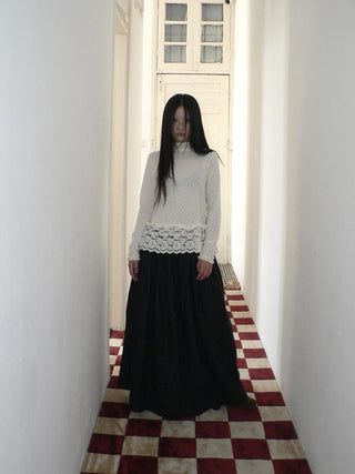 Lace Patchwork Vintage Straight Mock Neck Women Cream Long Sleeve T-Shirt