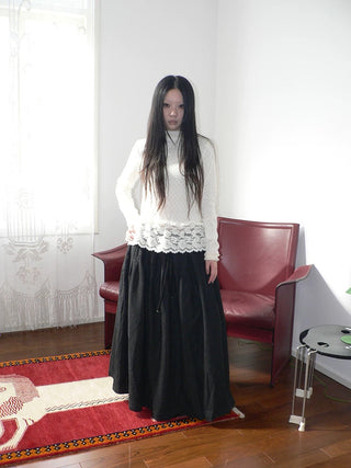Lace Patchwork Vintage Straight Mock Neck Women Cream Long Sleeve T-Shirt