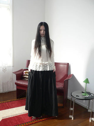 Lace Patchwork Vintage Straight Mock Neck Women Cream Long Sleeve T-Shirt