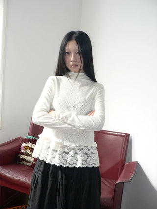 Lace Patchwork Vintage Straight Mock Neck Women Cream Long Sleeve T-Shirt