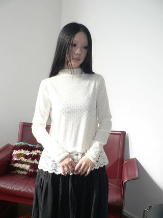 Lace Patchwork Vintage Straight Mock Neck Women Cream Long Sleeve T-Shirt