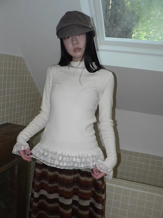 Lace Spliced Slim Fit Mock Neck Long Sleeve Casual Solid Color Women T-Shirt